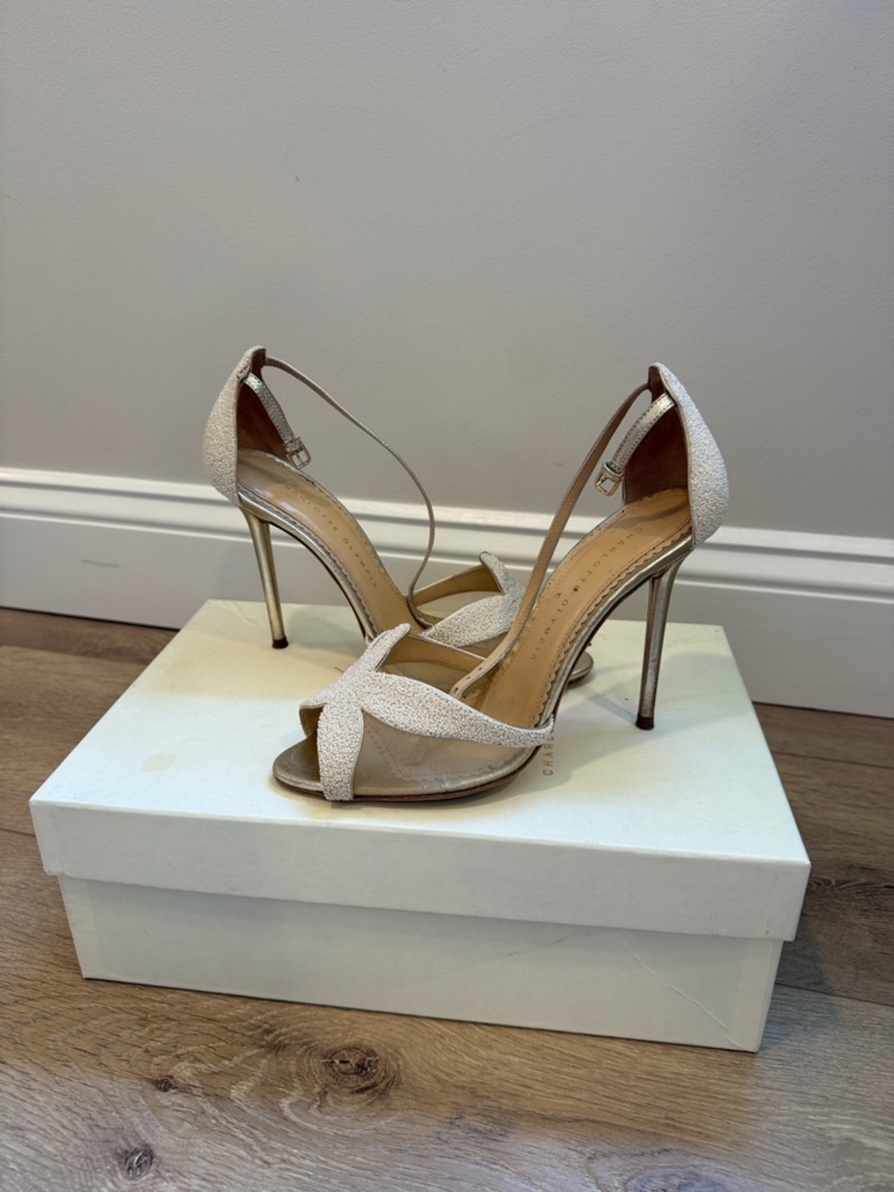 Charlotte Olympia Champagne Glitter D'Orsay Stiletto Sandals